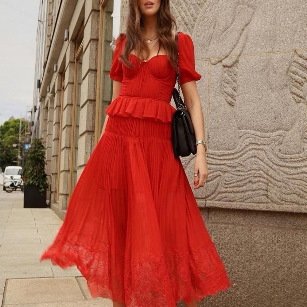 Self-Portrait Elegant Red Pleated Bustier Midi Dress